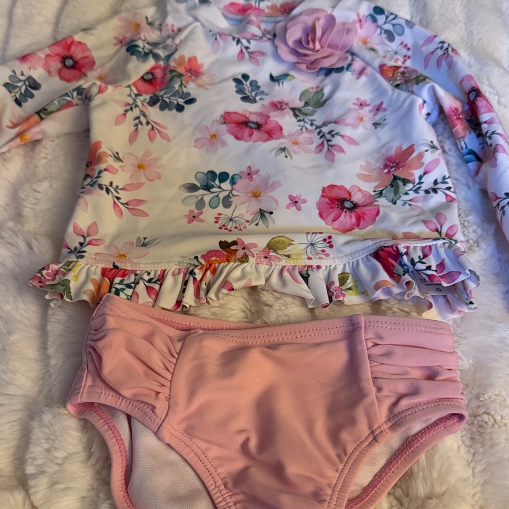 Girls Floral Rash Guard Set with Pink Swim Bottoms